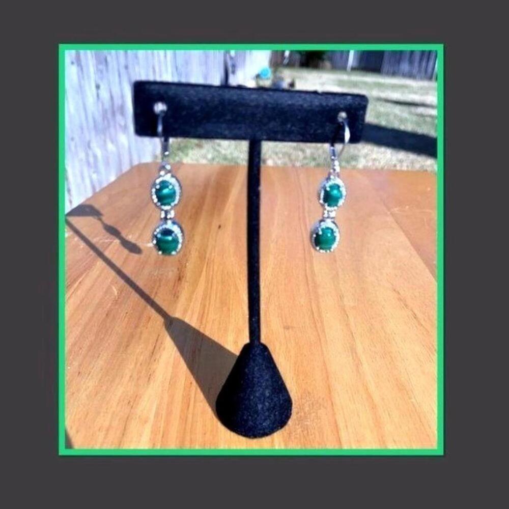 Green Malachite Double Drop Earrings with Silver Tone Setting